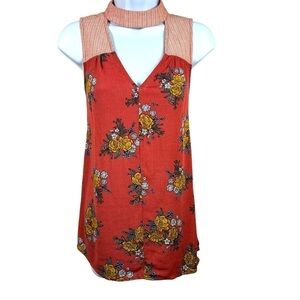 Small Hem And Thread Brick Red Orange Floral Striped Blouse Sleeveless
